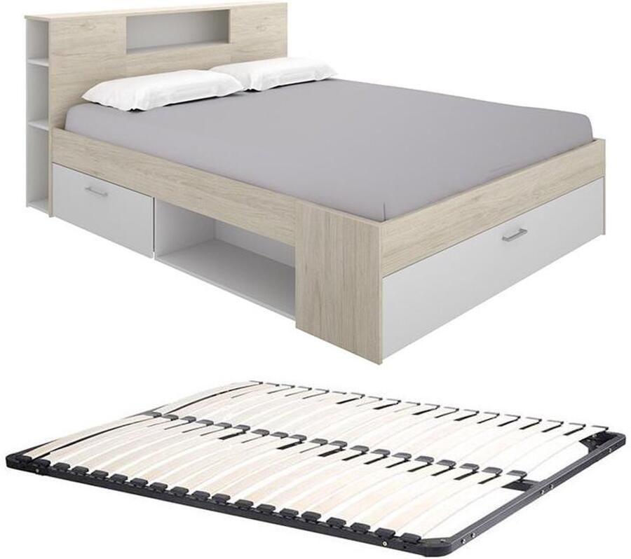 Vente-unique Bed met hoofdeinde met opbergruimte en lade 180 x 200 cm naturel en wit + Bedbodem LEANDRE L 228.5 cm x H 95 cm x D 189.5 cm