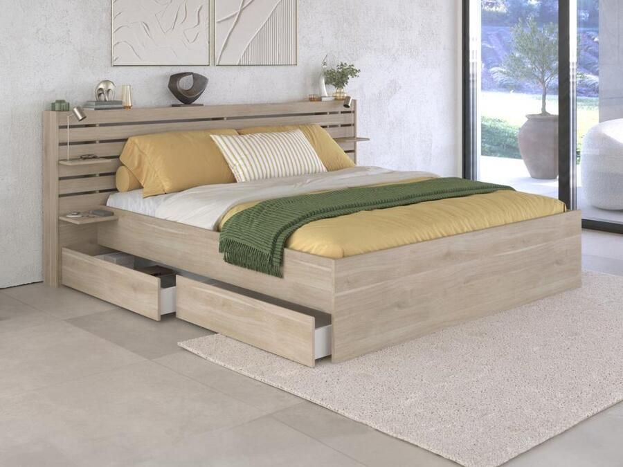Vente-unique Bed 180 x 200 cm met opbergruimte naturel + bedbodem + matras TENALIA L 235.4 cm x H 98.2 cm x D 216.8 cm