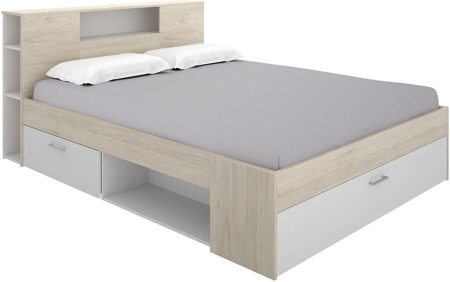 Vente-unique Bed met hoofdeinde met opbergruimte en lade 180 x 200 cm naturel en wit + Bedbodem + Matras LEANDRE L 228.5 cm x H 95 cm x D 189.5 cm - Foto 2