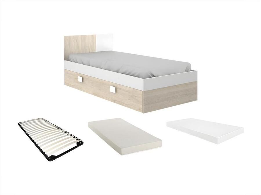 Vente-unique Uitrschuifbed met lattenbodem 2 x 90 x 190 cm Kleuren: eiken en wit + matras SONIA L 196 cm x H 79 cm x D 97 cm