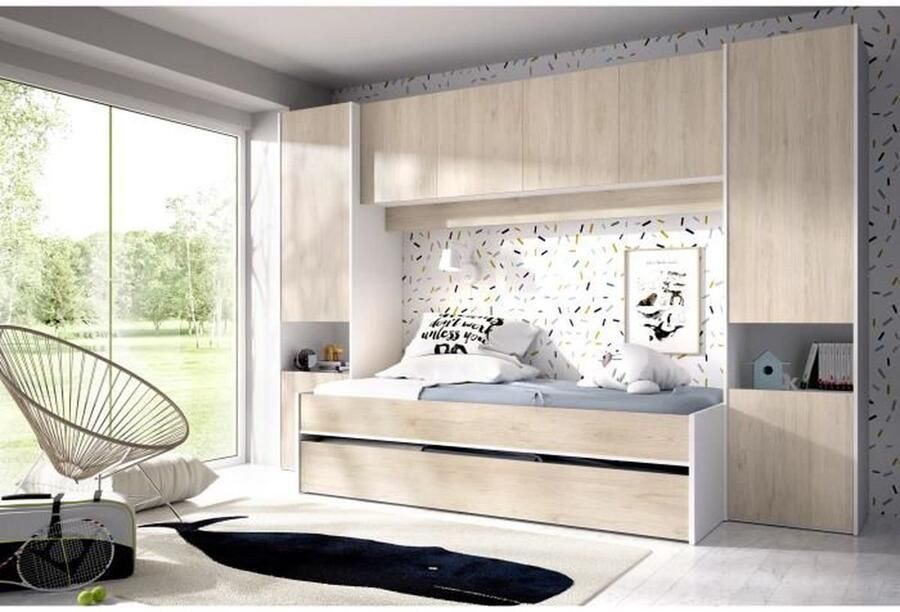 Vente-unique Uitschuifbed SELENA 90 x 190 cm eiken en wit L 303 cm x H 203 cm x D 97 cm - Foto 3