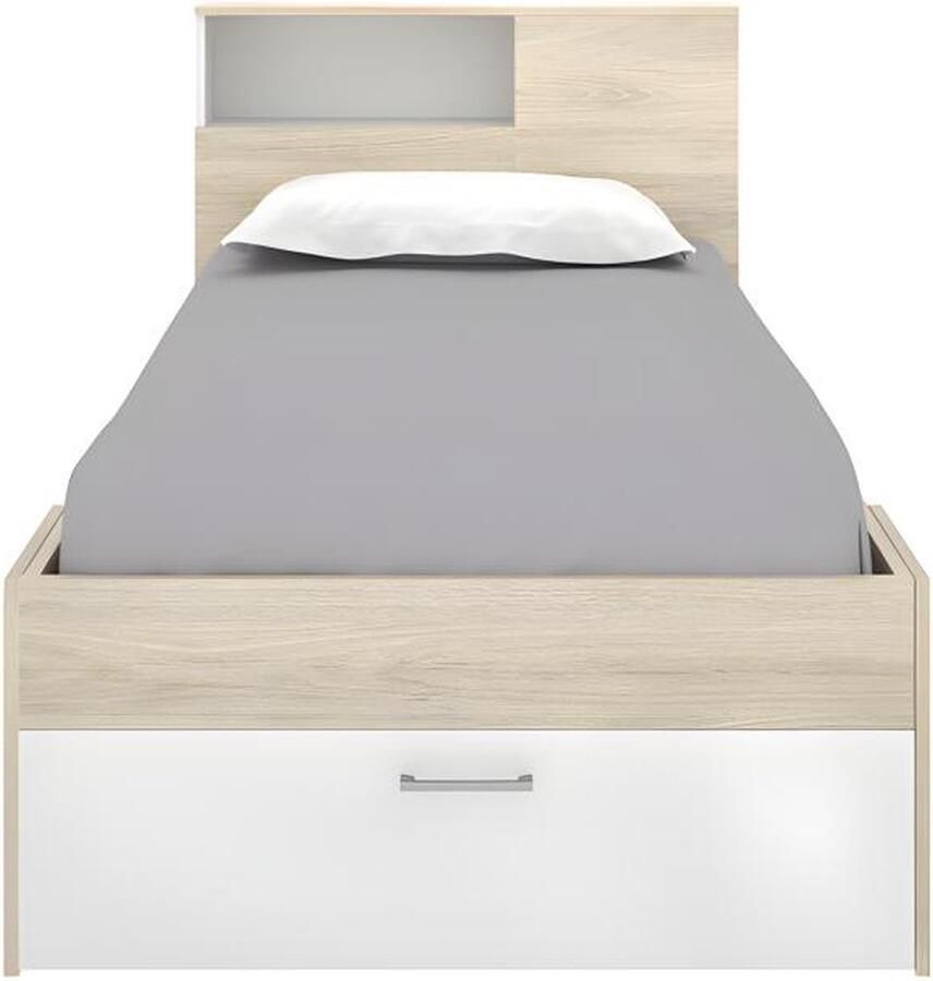 Vente-unique Bed en hoofdeinde met opbergruimtes en lade 90 x 190 cm Wit en naturel LEANDRE L 218.5 cm x H 95 cm x D 99.5 cm