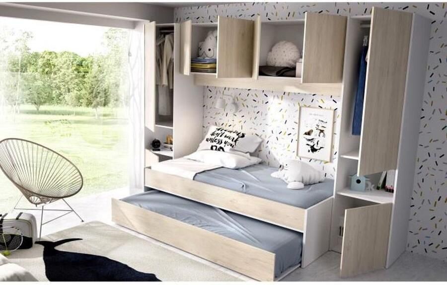 Vente-unique Uitschuifbed SELENA 90 x 190 cm eiken en wit L 303 cm x H 203 cm x D 97 cm - Foto 4