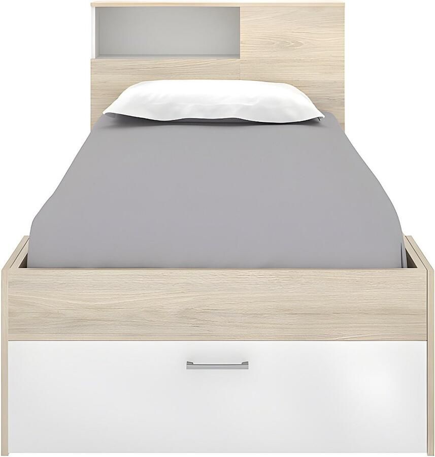 Vente-unique Bed en hoofdeinde met opbergruimtes en lade 90 x 190 cm Wit en naturel LEANDRE L 218.5 cm x H 95 cm x D 99.5 cm - Foto 2