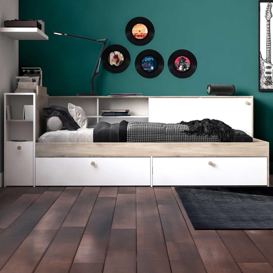 Vente-unique Moduleerbaar bed 90 x 190 200 cm met opbergruimte Wit en naturel LIARA L 229.4 cm x H 87.7 cm x D 119.2 cm