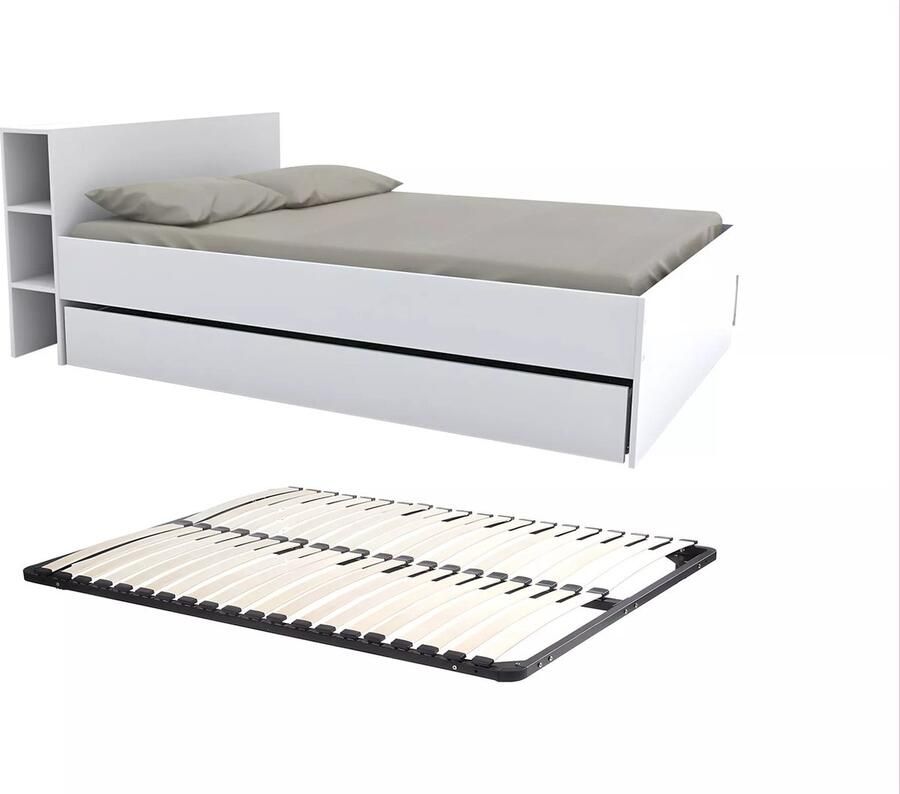 Vente-unique Bed met hoofdbord opbergruimtes en lades 140x190 cm Wit -EUGENE L 215.5 cm x H 80 cm x D 144 cm