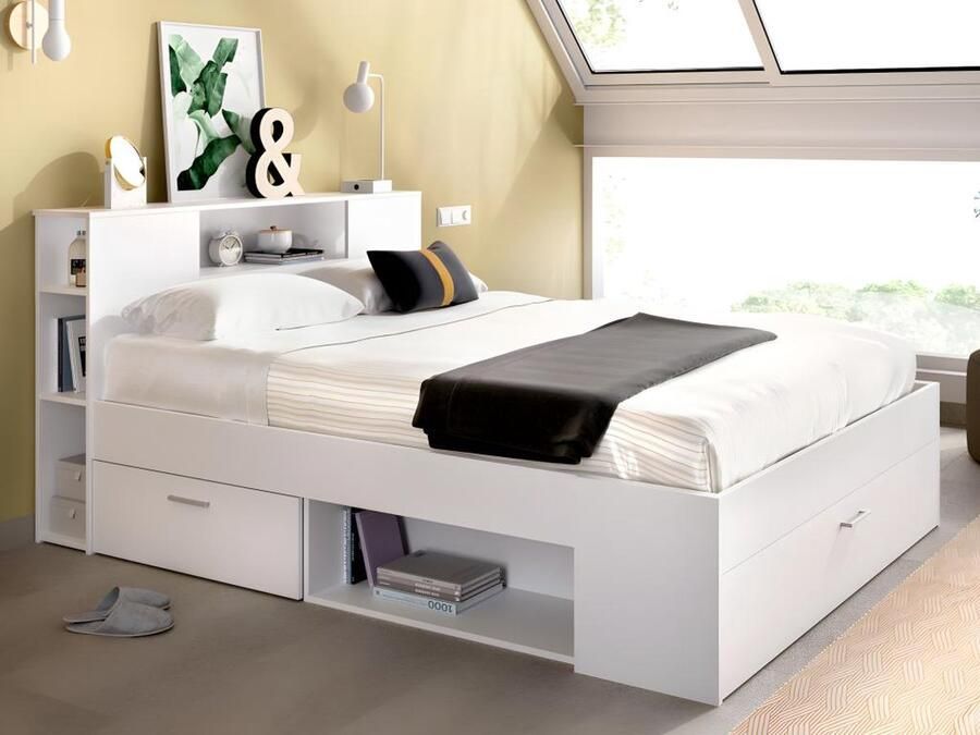 Vente-unique Bed met hoofdeinde met opbergruimte en lades 140 x 190 cm wit + bedbodem LEANDRE L 218.5 cm x H 95 cm x D 149.6 cm - Foto 3