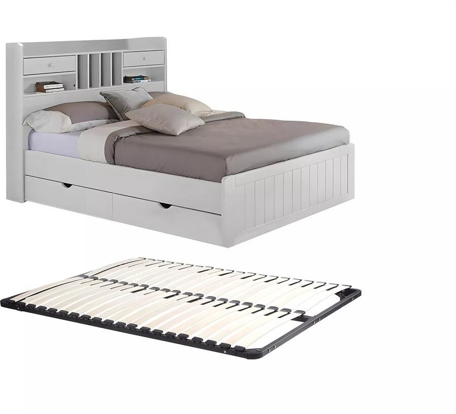 Vente-unique Bed met opbergruimte 140 x 190 cm Grenen Wit + bedbodem + matras MEDERICK L 211.2 cm x H 115.6 cm x D 148 cm