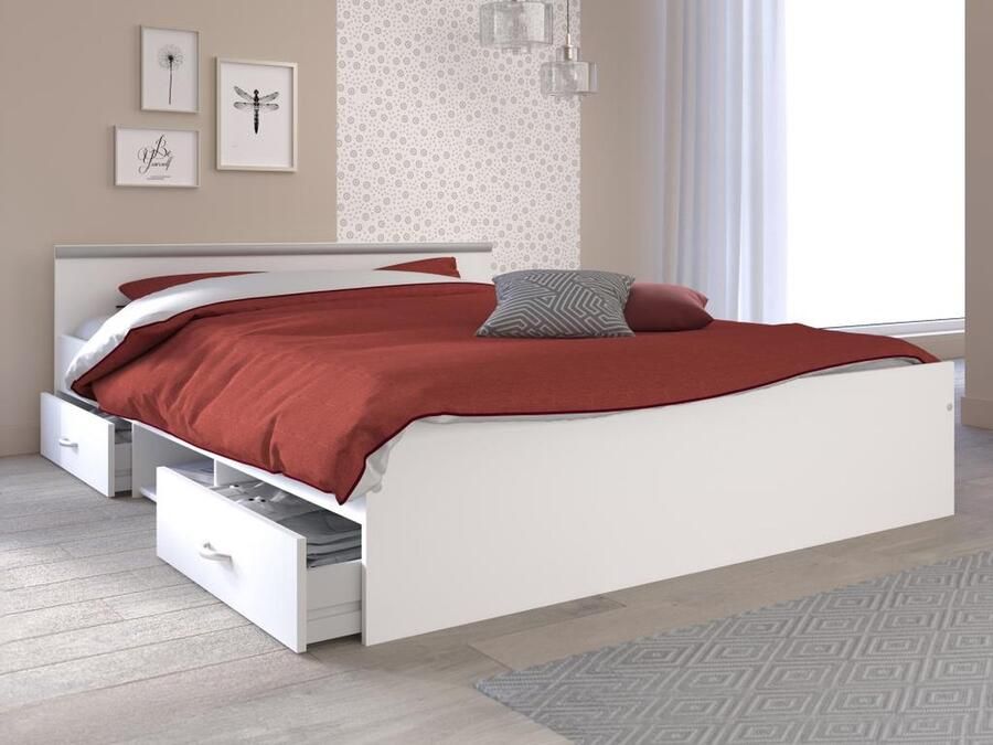 Vente-unique Bed met opbergruimte 140 x 190 cm 2 laden en 1 nis wit + bedbodem PABLO L 145.8 cm x H 58.9 cm x D 193 cm - Foto 3