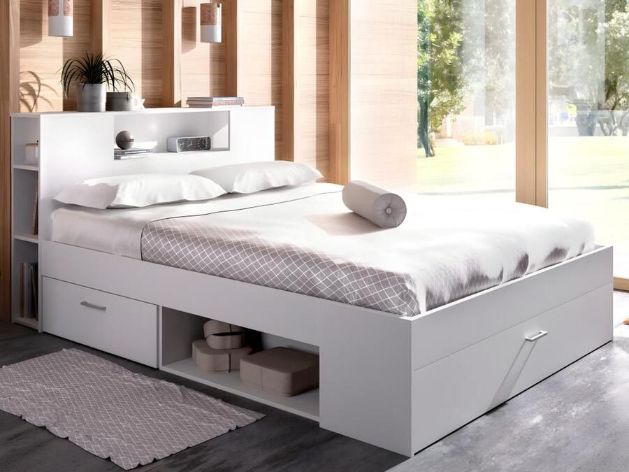 Vente-unique Bed met hoofdeinde met opbergruimte en lades 160 x 200 cm wit + bedbodem LEANDRE L 228.5 cm x H 95 cm x D 169.5 cm - Foto 3