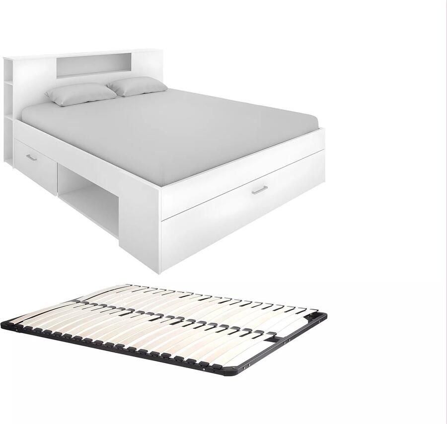Vente-unique Bed met hoofdeinde met opbergruimte en lades 140 x 190 cm wit + bedbodem LEANDRE L 218.5 cm x H 95 cm x D 149.6 cm