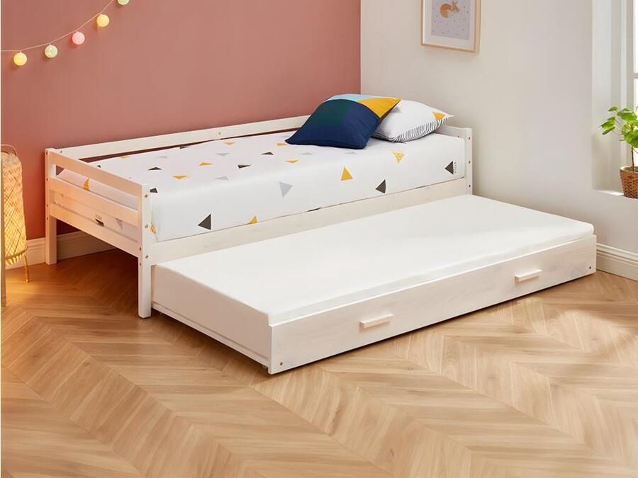 Vente-unique Uitschuifbed AEDAN II 2 x 90 x 190 cm Massief grenen & MDF Gebleekt + matras L 199.7 cm x H 56 cm x D 96 cm - Foto 2