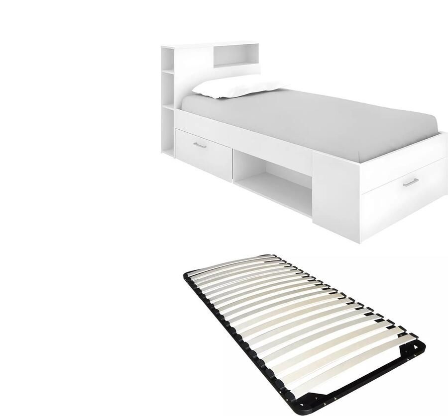 Vente-unique Bed met hoofdbord opbergruimte en lade 90 x 190 cm Wit + Bedbodem LEANDRE L 218.5 cm x H 95 cm x D 99.6 cm