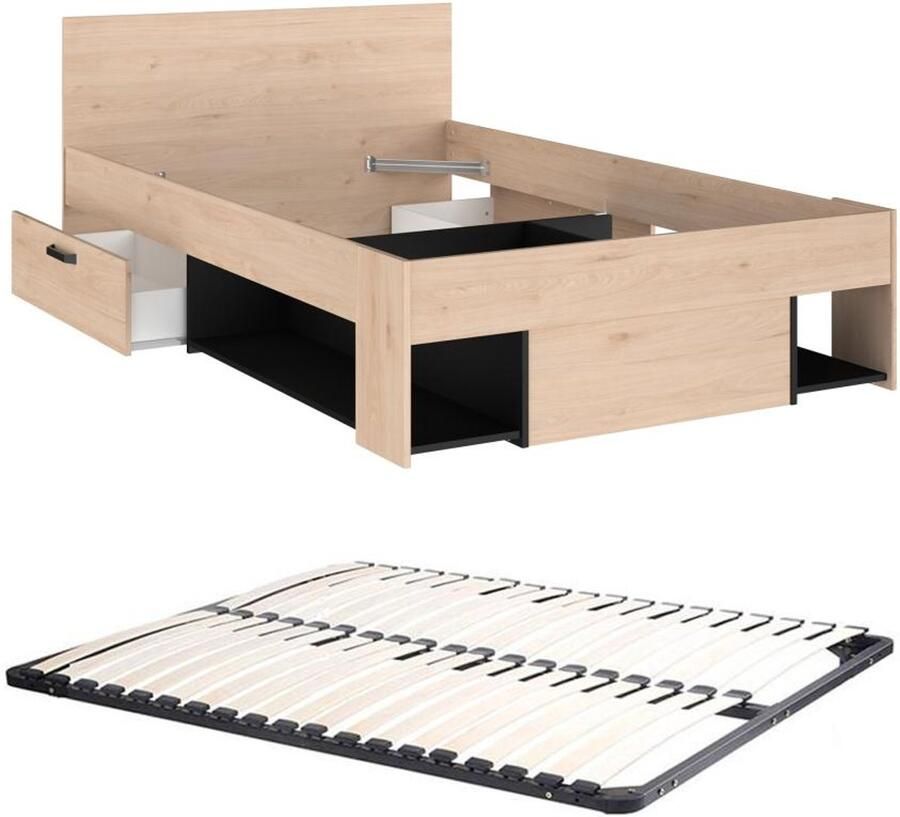 Vente-unique Bed 120 x 190 200 cm met opbergruimte naturel en zwart + bedbodem KINSELIA L 124 cm x H 76 cm x D 203.4 cm