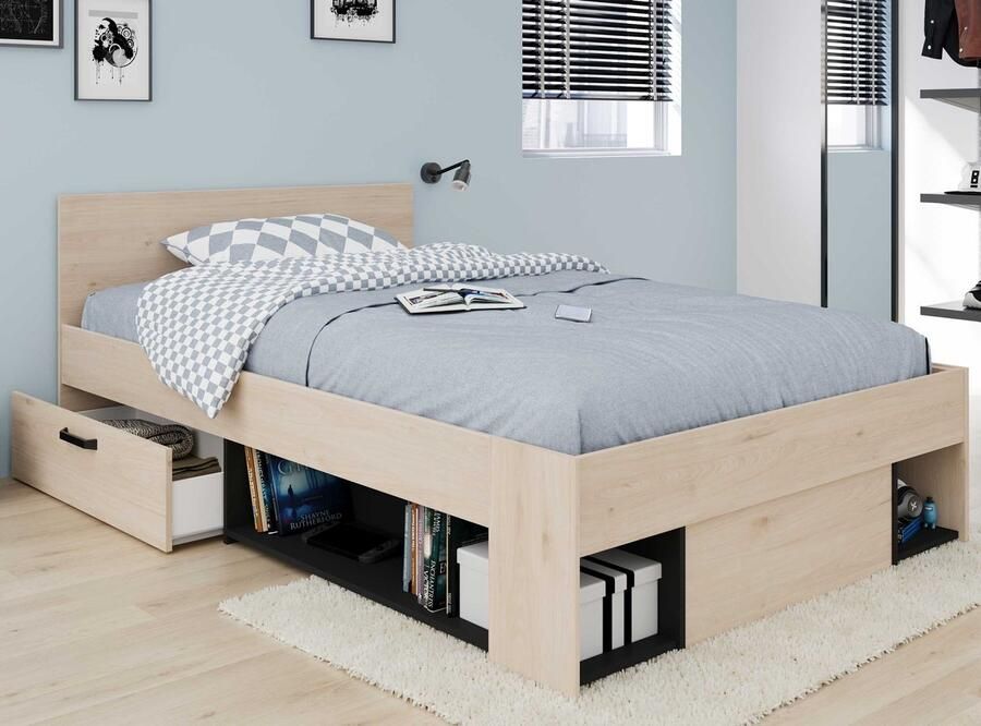 Vente-unique Bed 120 x 190 200 cm met opbergruimte naturel en zwart KINSELIA L 124 cm x H 76 cm x D 203.4 cm