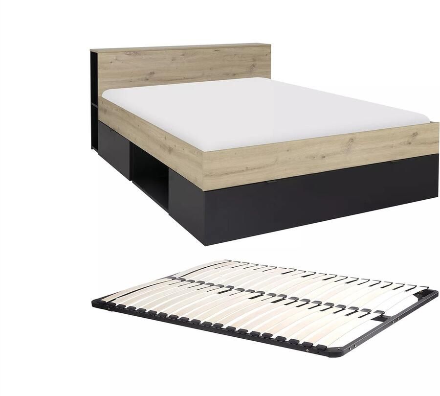 Vente-unique Bed 140 x 190 cm 3 lades en 6 nissen Naturel en zwart + bedbodem CIKETO L 217 cm x H 77 cm x D 145 cm