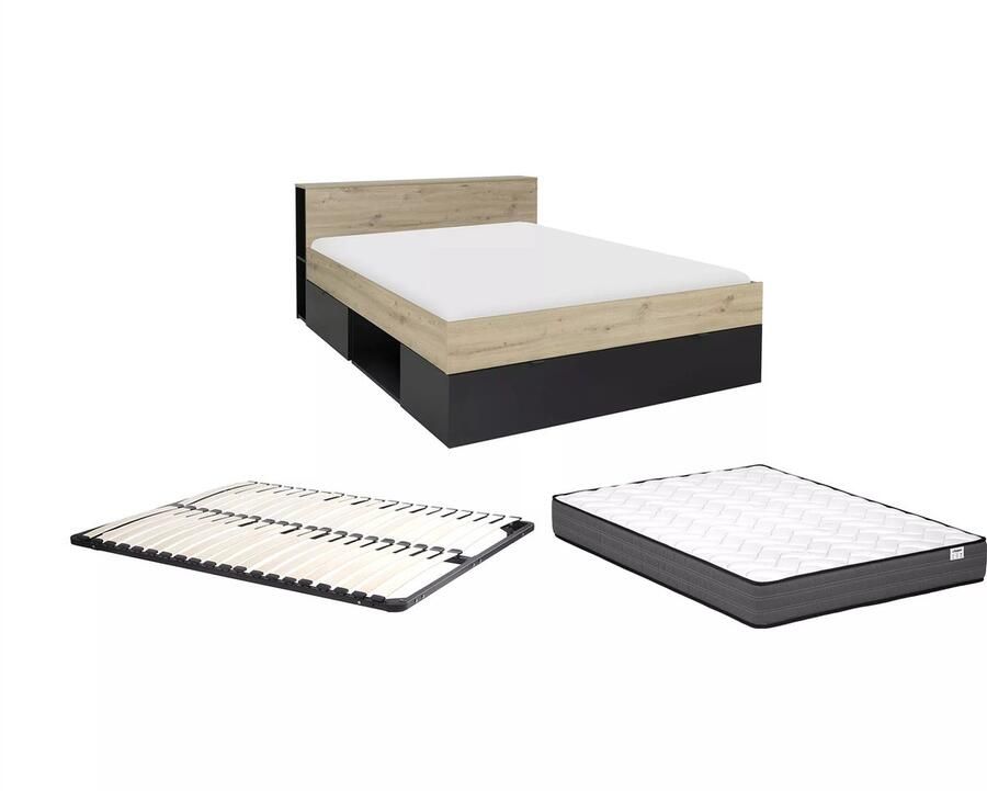 Vente-unique Bed 140 x 190 cm 3 lades en 6 nissen Naturel en zwart + bedbodem + matras CIKETO L 217 cm x H 77 cm x D 145 cm