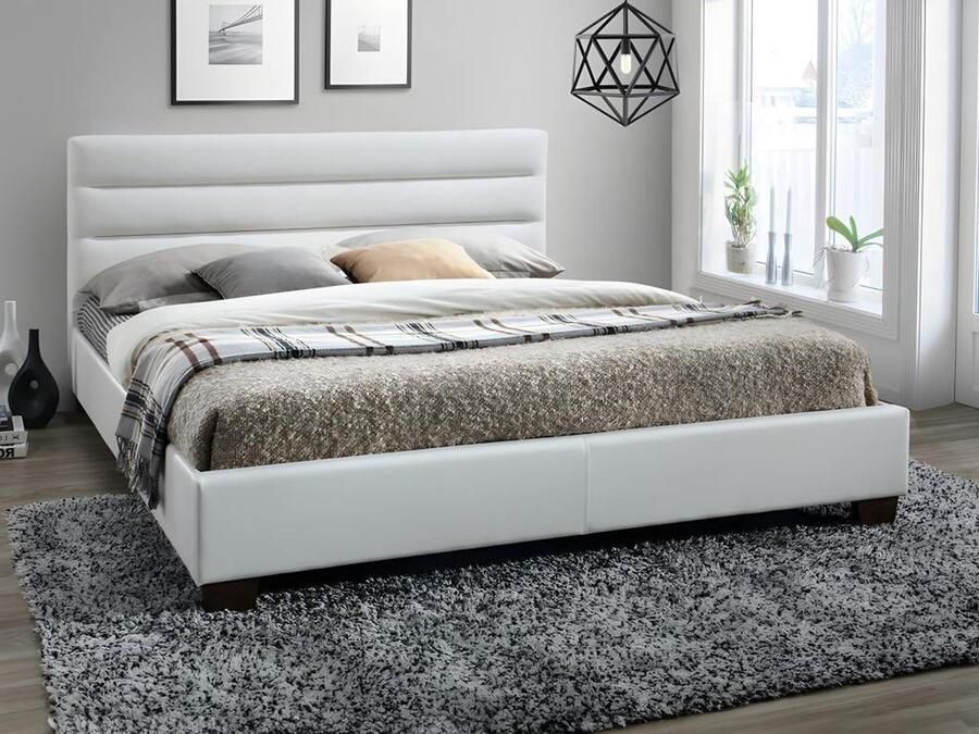 Vente-unique Tweepersoonsbed FAUSTIN 140 x 190 cm kunstleer wit L 145 cm x H 89 cm x D 205.5 cm
