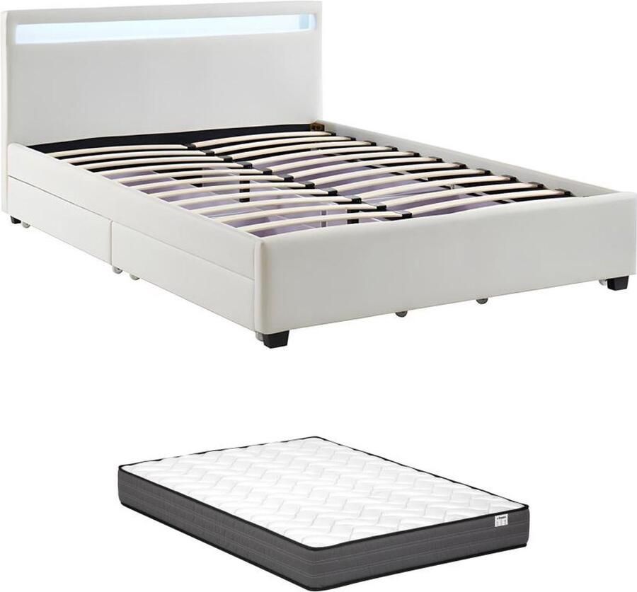 Vente-unique Bed 160 x 200 cm met opbergruimte Wit kunstleer met ledlampen + matras ALOIS II L 216 cm x H 85 cm x D 170 cm