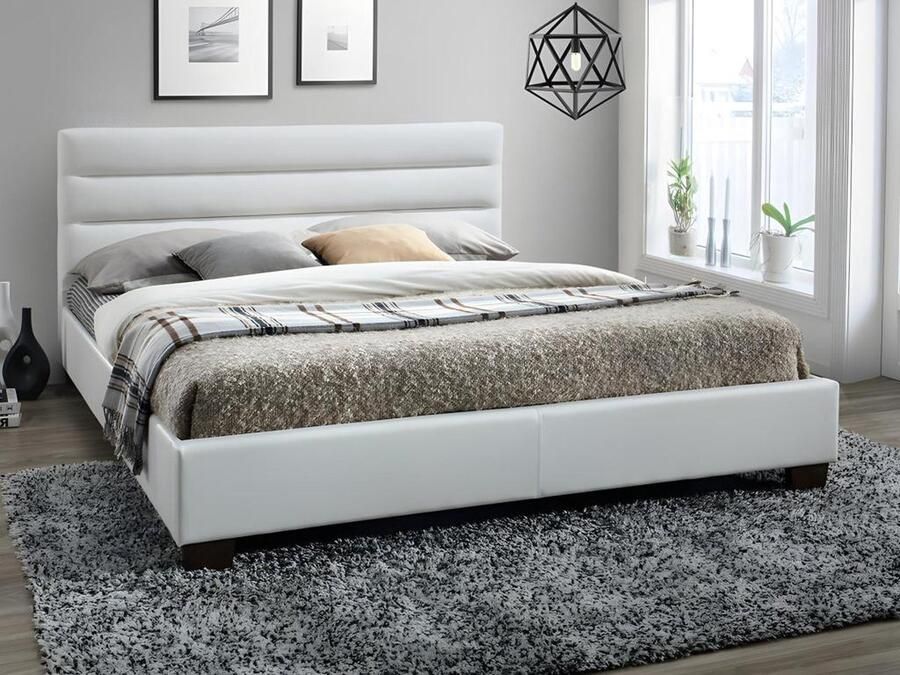 Vente-unique Tweepersoonsbed FAUSTIN 160 x 200 cm kunstleer wit L 165 cm x H 89 cm x D 215.5 cm
