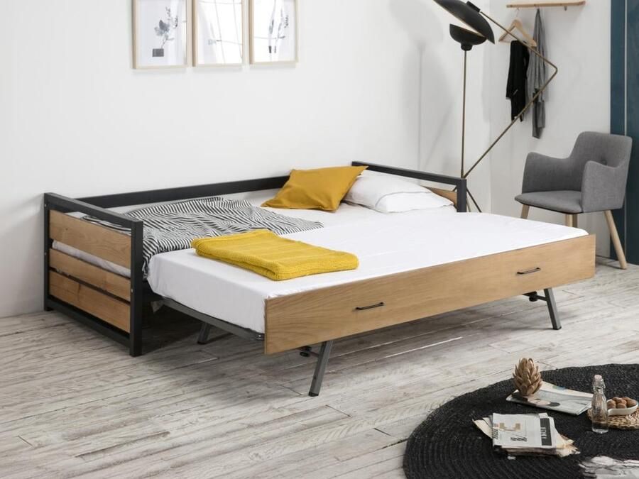 Vente-unique Uitschuifbed 90 x 190 cm van mdf grenen en metaal BOSTON L 200 cm x H 62 cm x D 98.5 cm - Foto 2