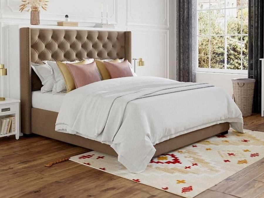 Vente-unique Bed met gewatteerd hoofdbord 140 x 200 cm Stof Beige MASSIMO L 163.5 cm x H 141.5 cm x D 215.5 cm