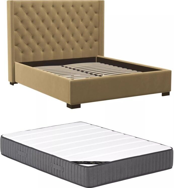 Vente-unique Bed met gewatteerd hoofdbord 140 x 200 cm Stof Beige + matras MASSIMO L 163.5 cm x H 141.5 cm x D 215.5 cm - Foto 3