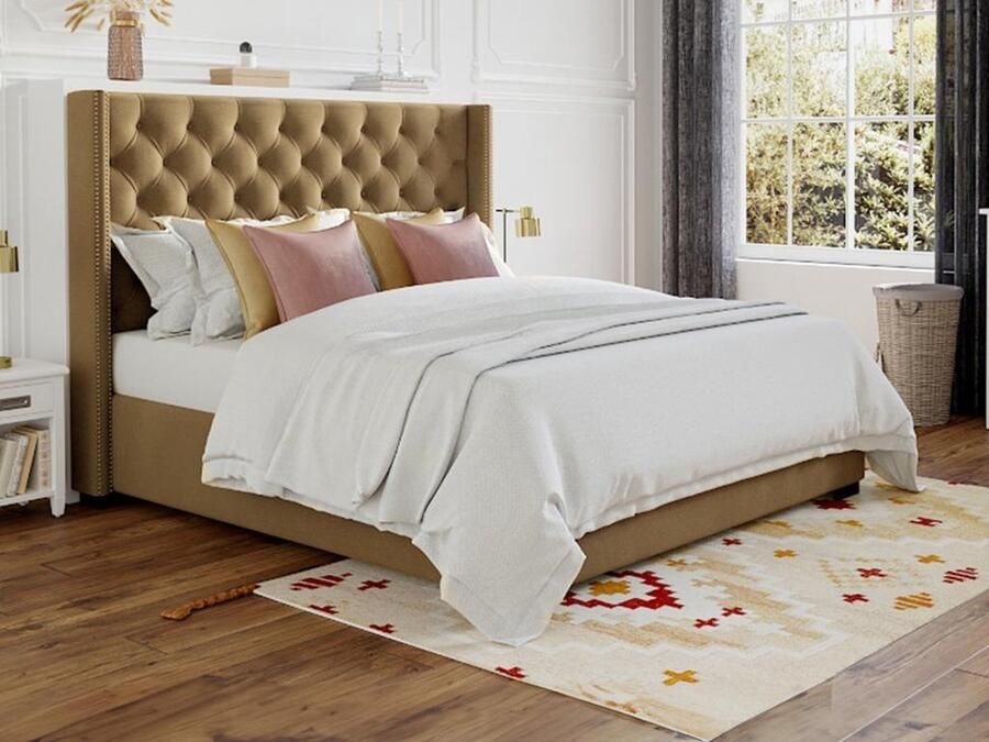 Vente-unique Tweepersoonsbed MASSIMO gewatteerd met capitons 160 x 200 cm Beige Stof L 183.5 cm x H 141.5 cm x D 215.5 cm - Foto 2
