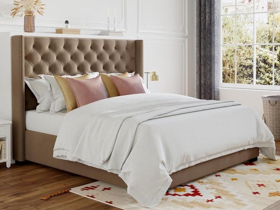 Vente-unique Bed met gewatteerd hoofdbord 160 x 200 cm Stof Beige + matras MASSIMO II L 183.5 cm x H 141.5 cm x D 215.5 cm - Foto 2