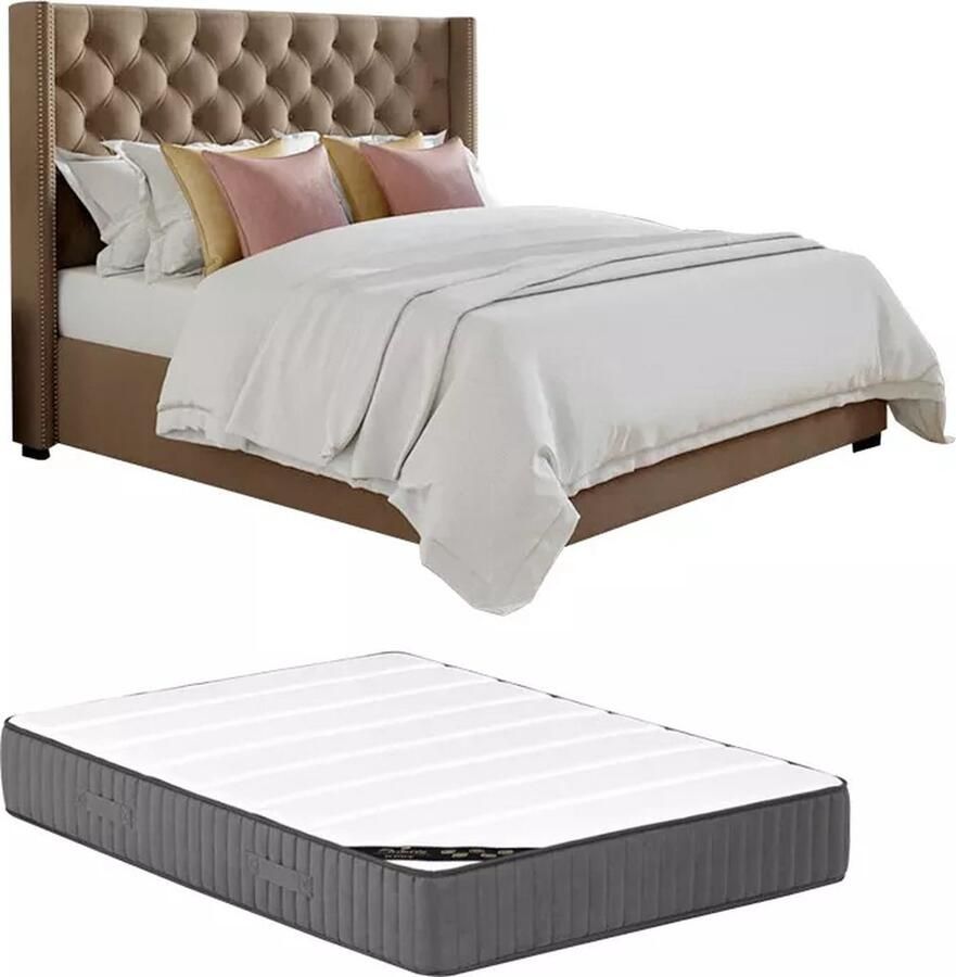 Vente-unique Bed met gewatteerd hoofdbord 160 x 200 cm Stof Beige + matras MASSIMO II L 183.5 cm x H 141.5 cm x D 215.5 cm