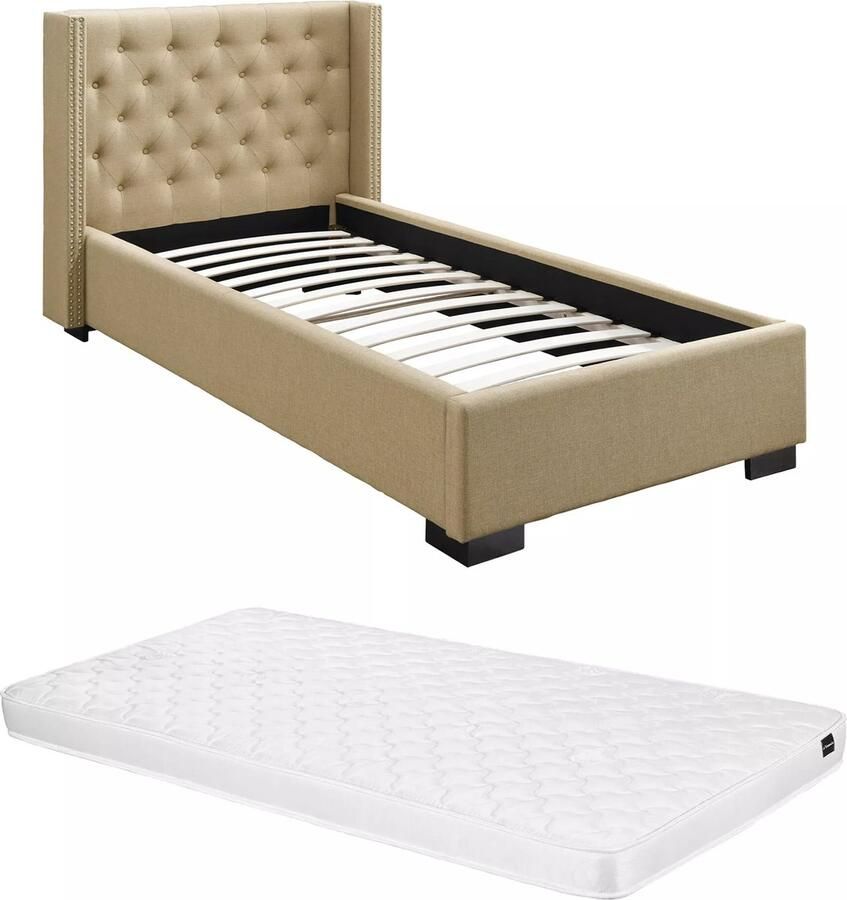 Vente-unique Bed 90 x 200 cm met gecapitonneerd hoofdbord Stof Beige + matras MASSIMO II L 216 cm x H 111.5 cm x D 114 cm