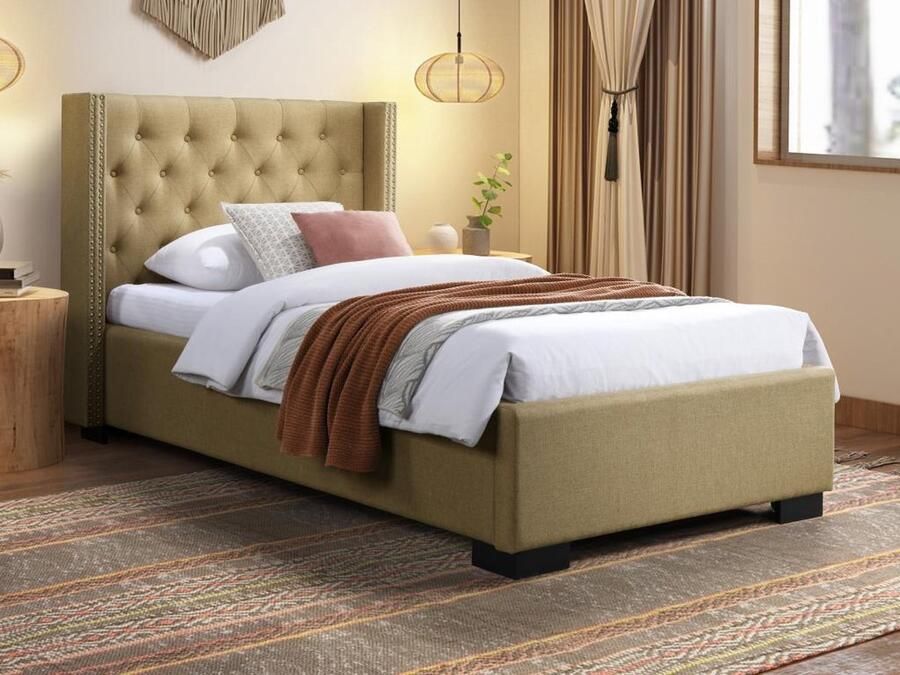 Vente-unique Bed 90 x 200 cm met gecapitonneerd hoofdbord Stof Beige MASSIMO II L 216 cm x H 111.5 cm x D 114 cm - Foto 2