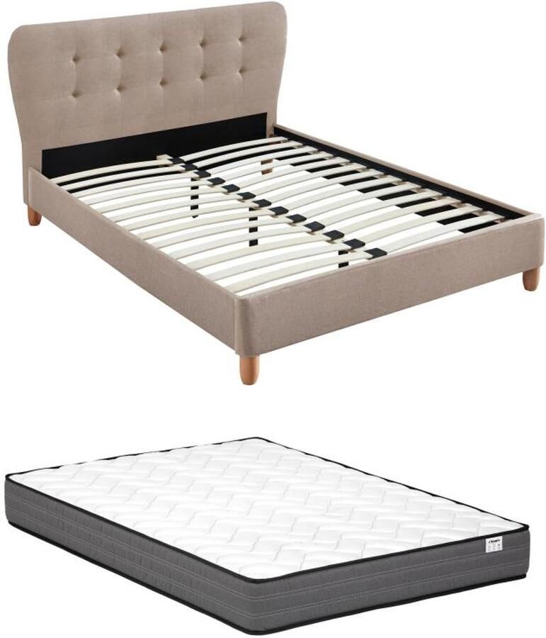 Vente-unique Bed 160 x 200 cm met hoofdbord met capitons Stof Beige + matras ELIDE L 177 cm x H 102 cm x D 216.5 cm