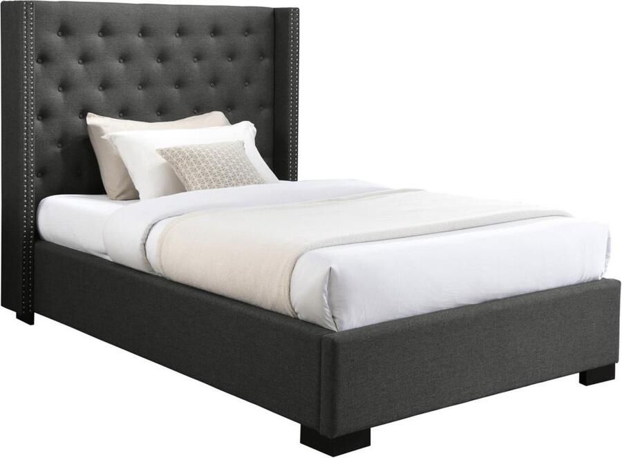 Vente-unique Bed 120 x 200 cm met hoofdbord met capitons Stof Grijs MASSIMO L 143.5 cm x H 141.5 cm x D 215.5 cm