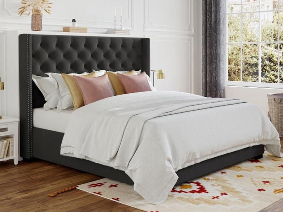 Vente-unique Bed MASSIMO gewatteerd hoofdbord 180 x 200 cm Grijze stof L 215 cm x H 141 cm x D 203 cm - Foto 3