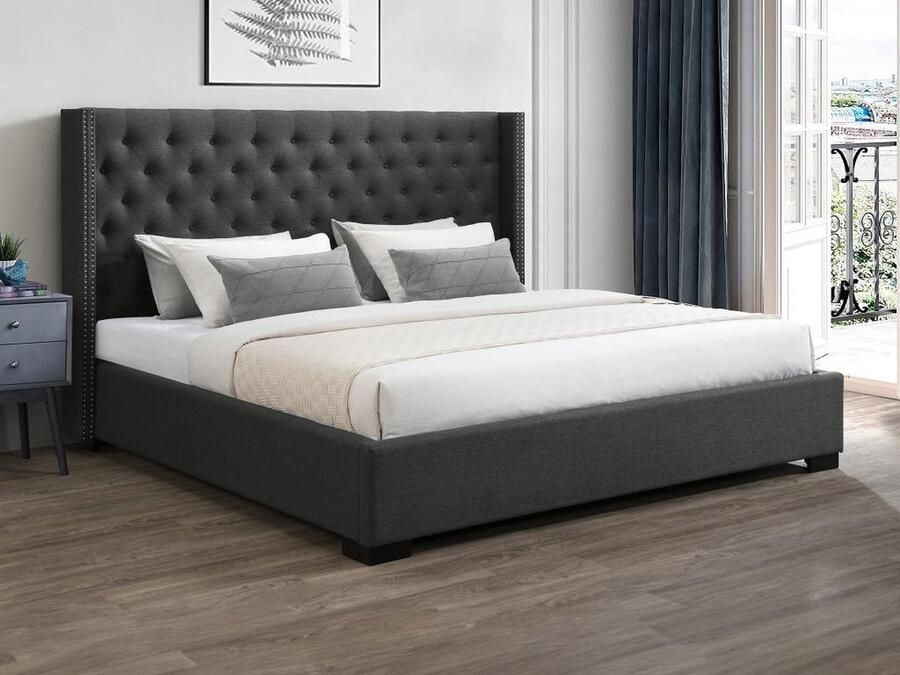 Vente-unique Bed 200 x 200 cm met hoofdbord met capitons Stof Grijs + matras MASSIMO L 223.5 cm x H 141.5 cm x D 215.5 cm