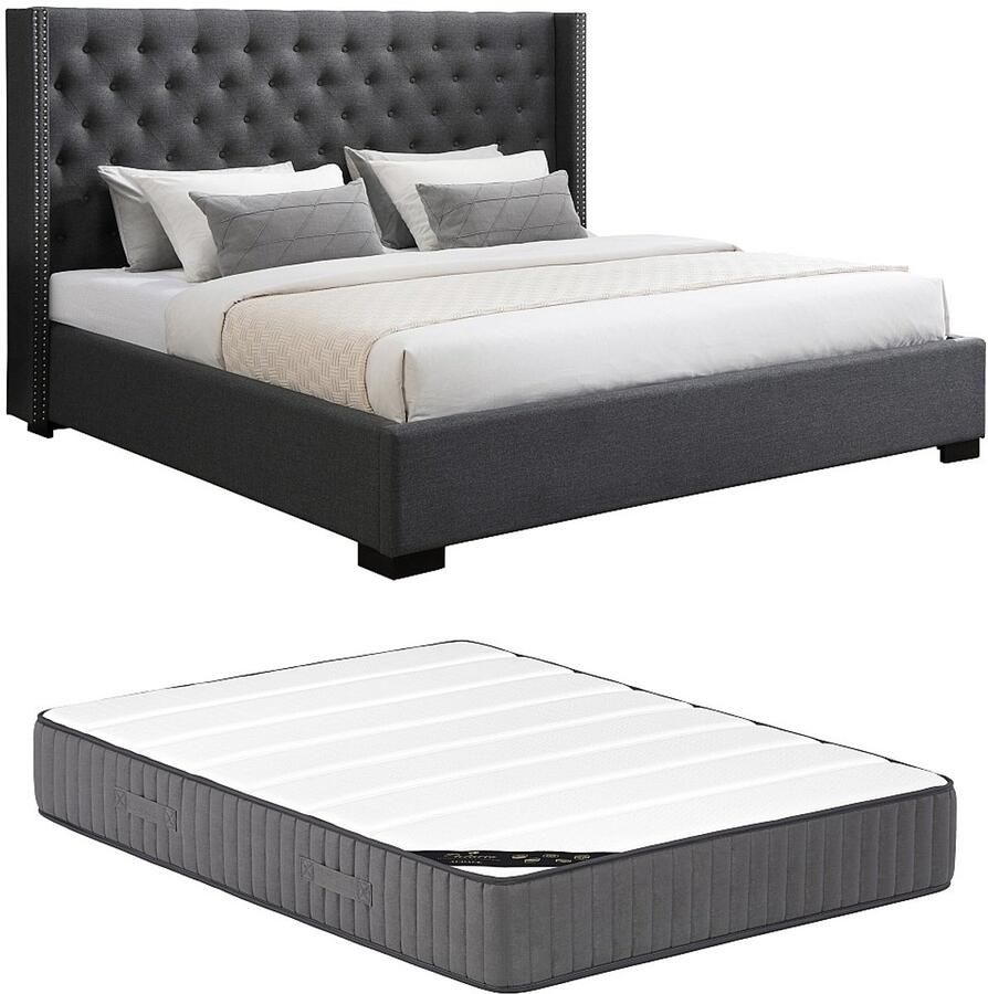 Vente-unique Bed 200 x 200 cm met hoofdbord met capitons Stof Grijs + matras MASSIMO L 223.5 cm x H 141.5 cm x D 215.5 cm - Foto 2