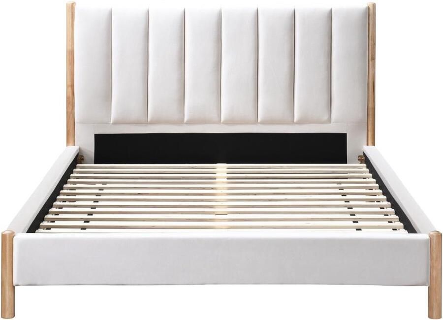 Vente-unique Bed 160 x 200 cm met hoofdbord met verticale stiksels Velours Ivoorwit SIZAMA L 174 cm x H 119 cm x D 215.5 cm