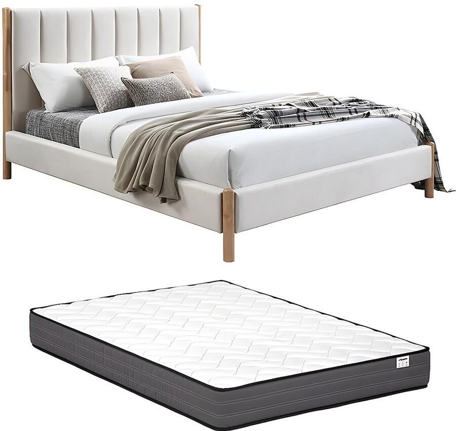 Vente-unique Bed 180 x 200 cm met hoofdbord met verticale stiksels Velours Ivoorwit + matras SIZAMA L 194 cm x H 119 cm x D 215.5 cm - Foto 2