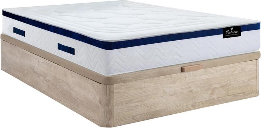 Vente-unique Bedset 140 x 190 cm Bedbodem met lichte houtkleur en opbergruimte + hybride matras met pocketveren MARQUIS van DREAMEA L 190 cm x H 30 cm x D 140 cm