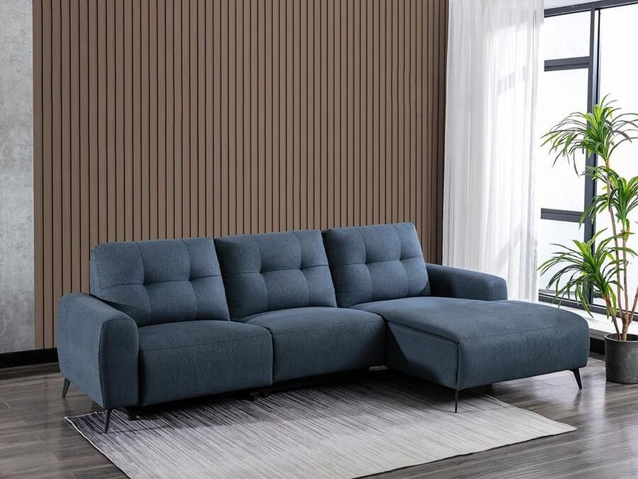 Vente-unique Blauwe stoffen hoekbank rechts NERUDA L 286 cm x H 92.5 cm x D 161 cm