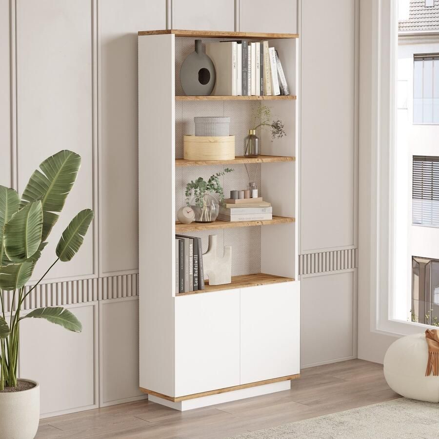 Vente-unique Boekenkast met 2 deuren en 4 nissen Licht naturel en wit LOTULA L 75.5 cm x H 168.3 cm x D 26.8 cm