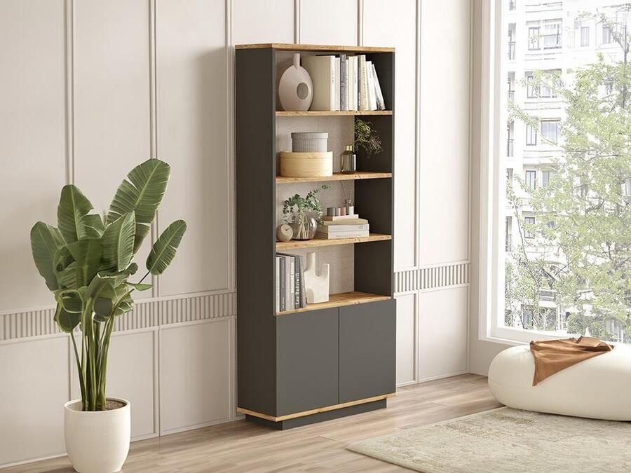 Vente-unique Boekenkast met 2 deurtjes en 4 nissen Antraciet en naturel LOTULA L 75.5 cm x H 168.3 cm x D 26.8 cm