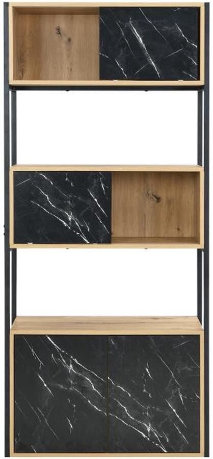 Vente-unique Boekenkast met 4 deuren en 2 nissen van mdf en metaal Zwart marmereffect en naturel YELANIA - Foto 2