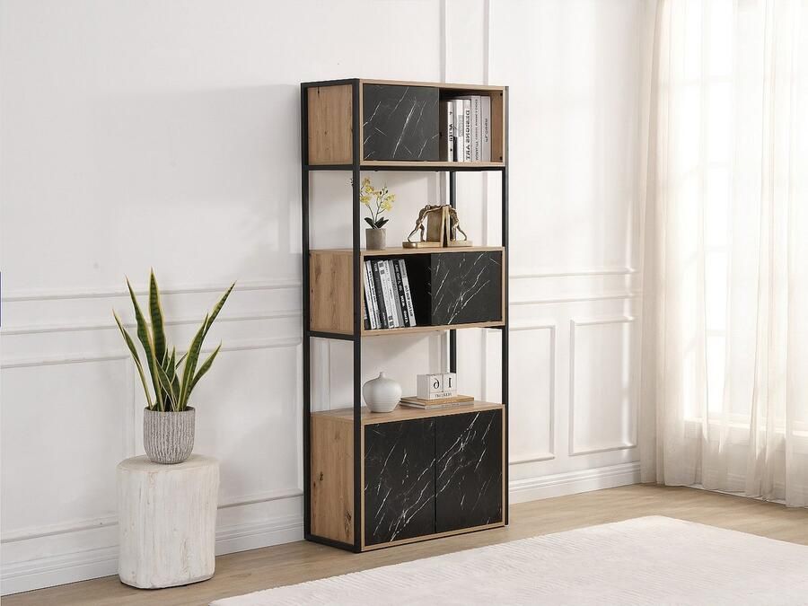 Vente-unique Boekenkast met 4 deuren en 2 nissen van MDF en metaal Zwart marmereffect en naturel YELANIA - Foto 2