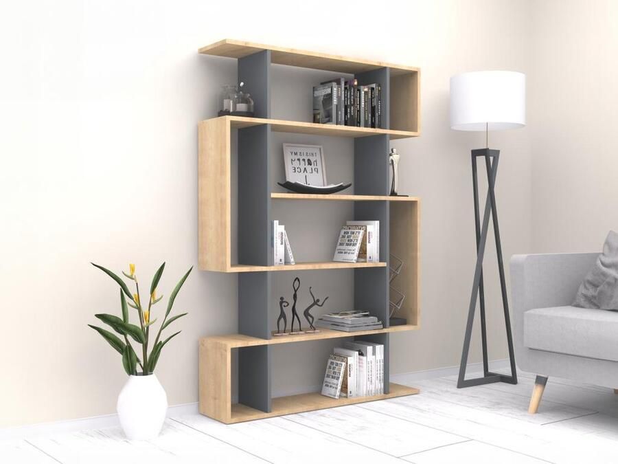Vente-unique Boekenkast met 9 nissen Naturel en antraciet PARELA L 108.5 cm x H 161 cm x D 25.5 cm - Foto 2