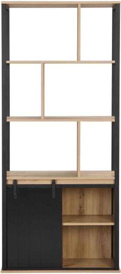 Vente-unique Boekenkast met opbergruimte en 1 schuifdeur van mdf en staal Naturel en zwart YALENA L 80 cm x H 180 cm x D 35 cm - Foto 2