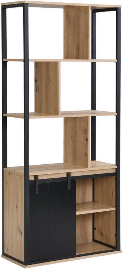 Vente-unique Boekenkast met opbergruimte en 1 schuifdeur van mdf en staal Naturel en zwart YALENA L 80 cm x H 180 cm x D 35 cm