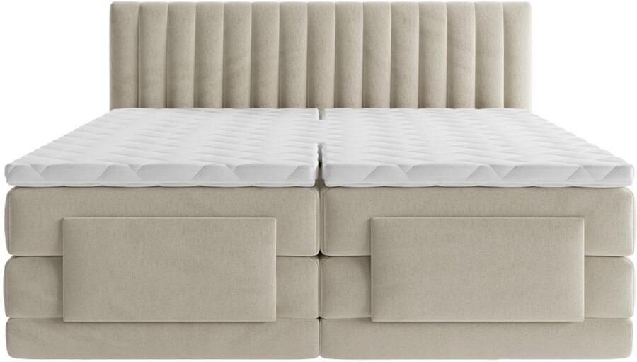 Vente-unique Complete set boxspringbed met hoofdbord met verticale stiksels + elektrische relaxbedbodems + matras + dekmatras 2 x 90 x 200 cm Velours Beige DONSI van PALACIO L 215 cm x H 118 cm x D 188 cm - Foto 2