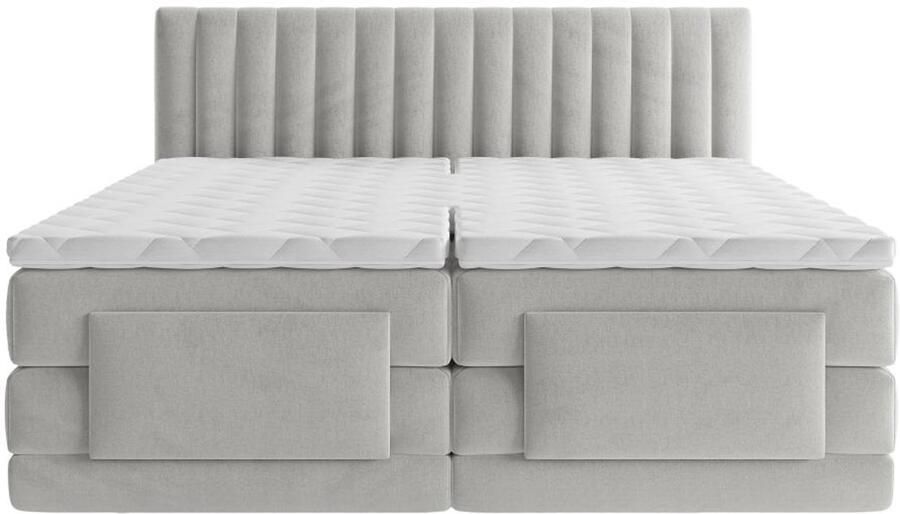 Vente-unique Set boxspringbed met hoofdbord en verticale stiksels + elektrische relaxbedbodems + matras + dekmatras 2 x 90 x 200 cm Velours Lichtgrijs DONISI van PALACIO L 215 cm x H 118 cm x D 188 cm